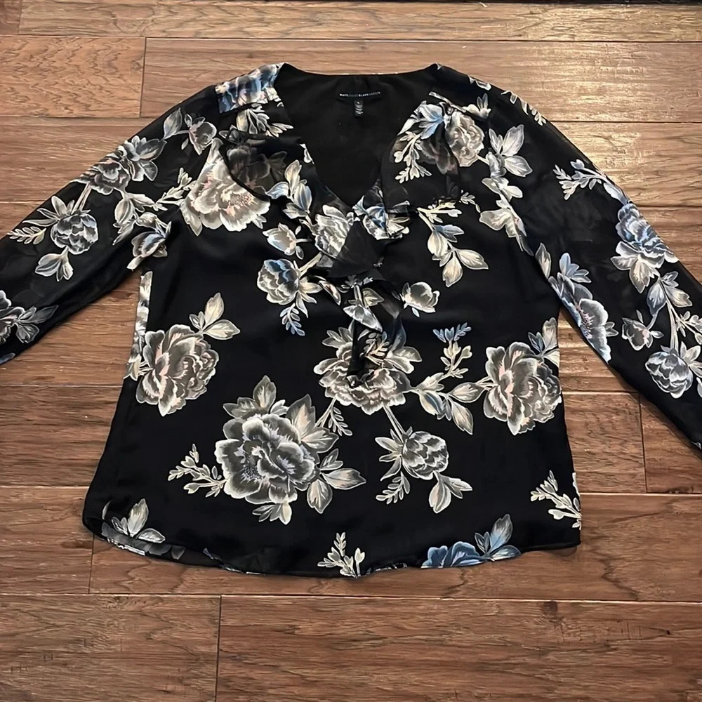White House Black Market Silk Long Sleeve Floral Blouse